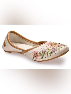 Fuchsia Rosabelle Embroidered Cream Floral Flat with Gold Bead Accents